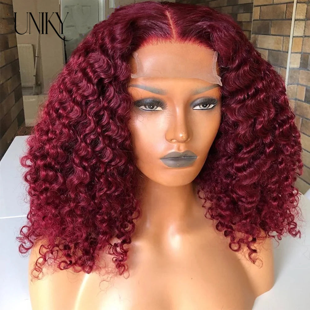 99J Red Colored Kinky Curly Wig Human Hair 13x4 Burgundy Black Short Bob Lace Front Human Hair Wigs For Women Short Deep Curly