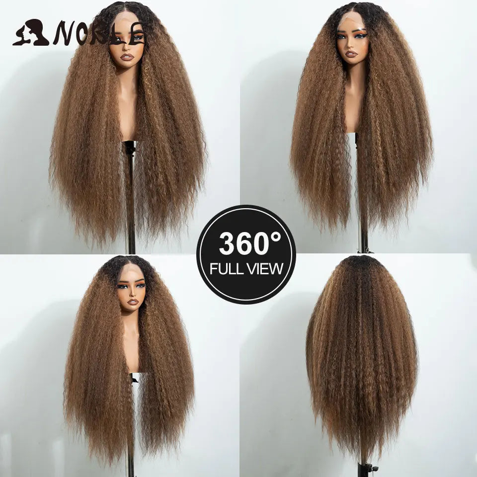Noble 32 Inch Kinky Curly Lace Front Wig Natural Ombre Honey Brown 13x4 Lace Front Wig Synthetic Wigs For Black Women Daily Wig