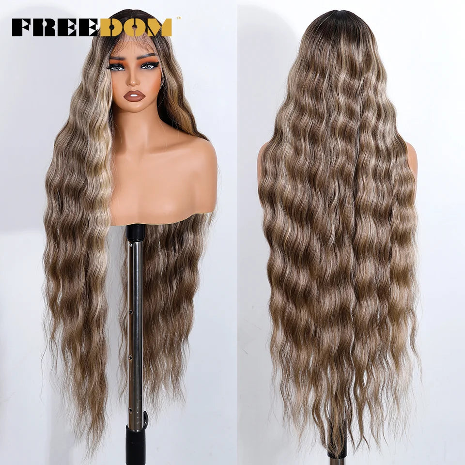 FREEDOM Synthetic Lace Front Wigs For Black Women 36 Inch Long Deep Body Wavy Lace Wig Ombre Brown Blonde White Cosplay Wig