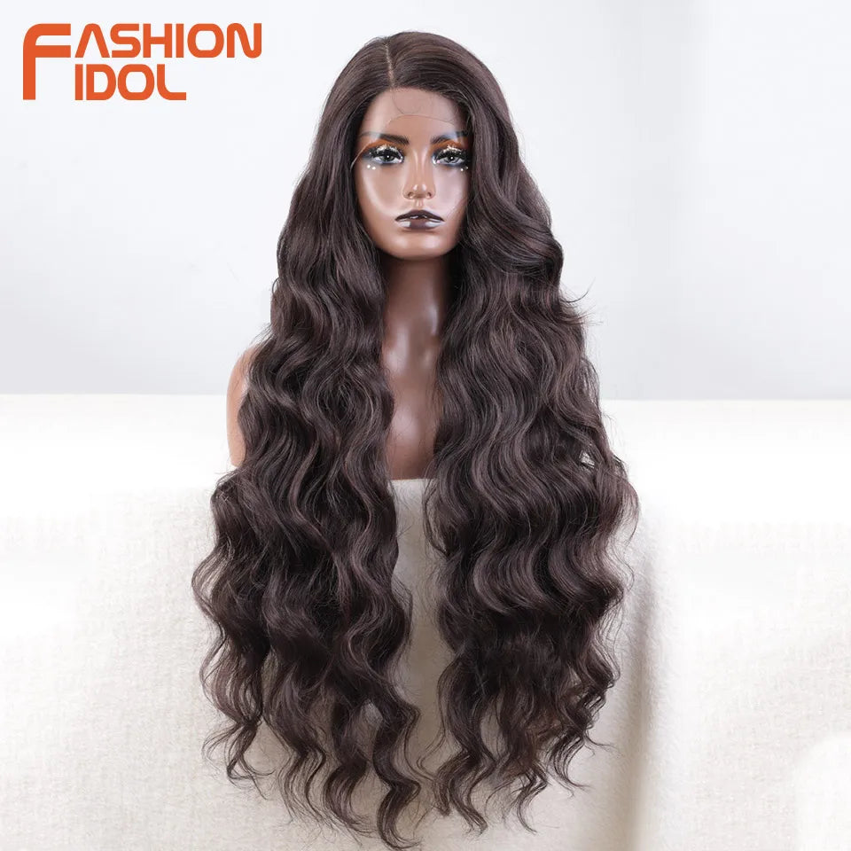 FASHION IDOL 36 Inch Super Long Deep Wave Lace Front Wigs Synthetic Side Part Lace Wigs For Women Brown Wavy Fiber Cosplay Wigs