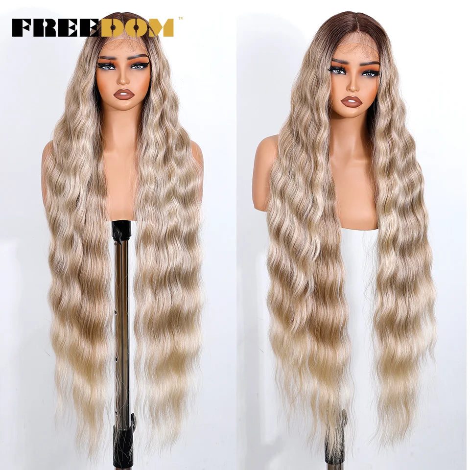 FREEDOM Synthetic Lace Front Wigs For Black Women 36 Inch Long Deep Body Wavy Lace Wig Ombre Brown Blonde White Cosplay Wig