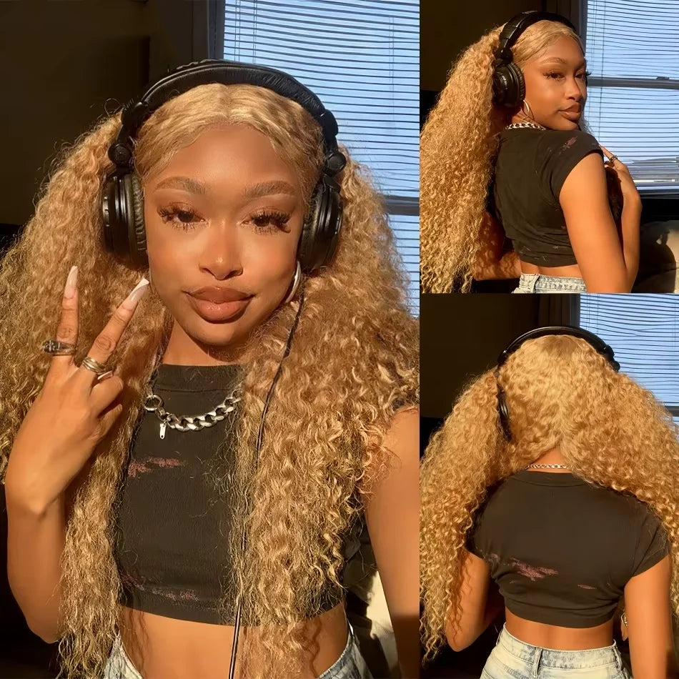 FRIZIRA 30 36Inch #27 Honey Blonde Lace Front Wig Deep Wave Frontal Wig Curly Human Hair Wig 13x4 13x6 Colored Human Hair Wigs