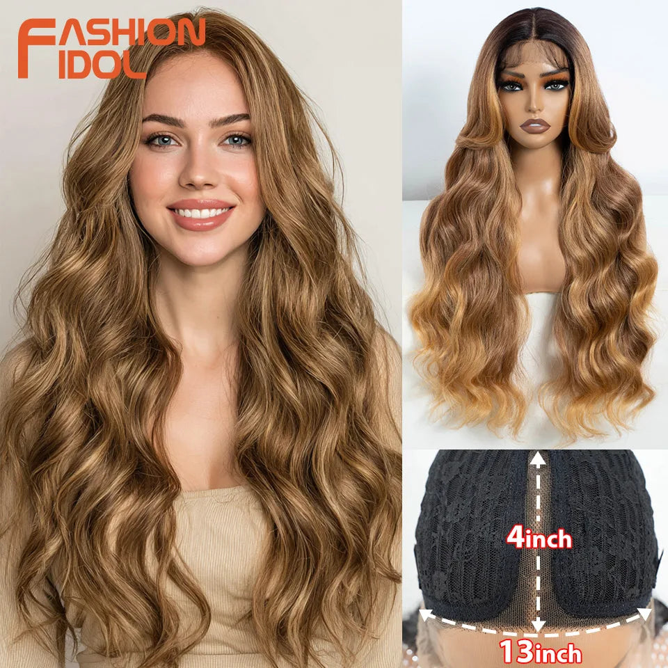 FASHION IDOL Loose Water Wave Lace Front Wigs Synthetic Glueless With Baby Hair Cosplay Wigs For Women Brown Deep Wave Lace Wigs