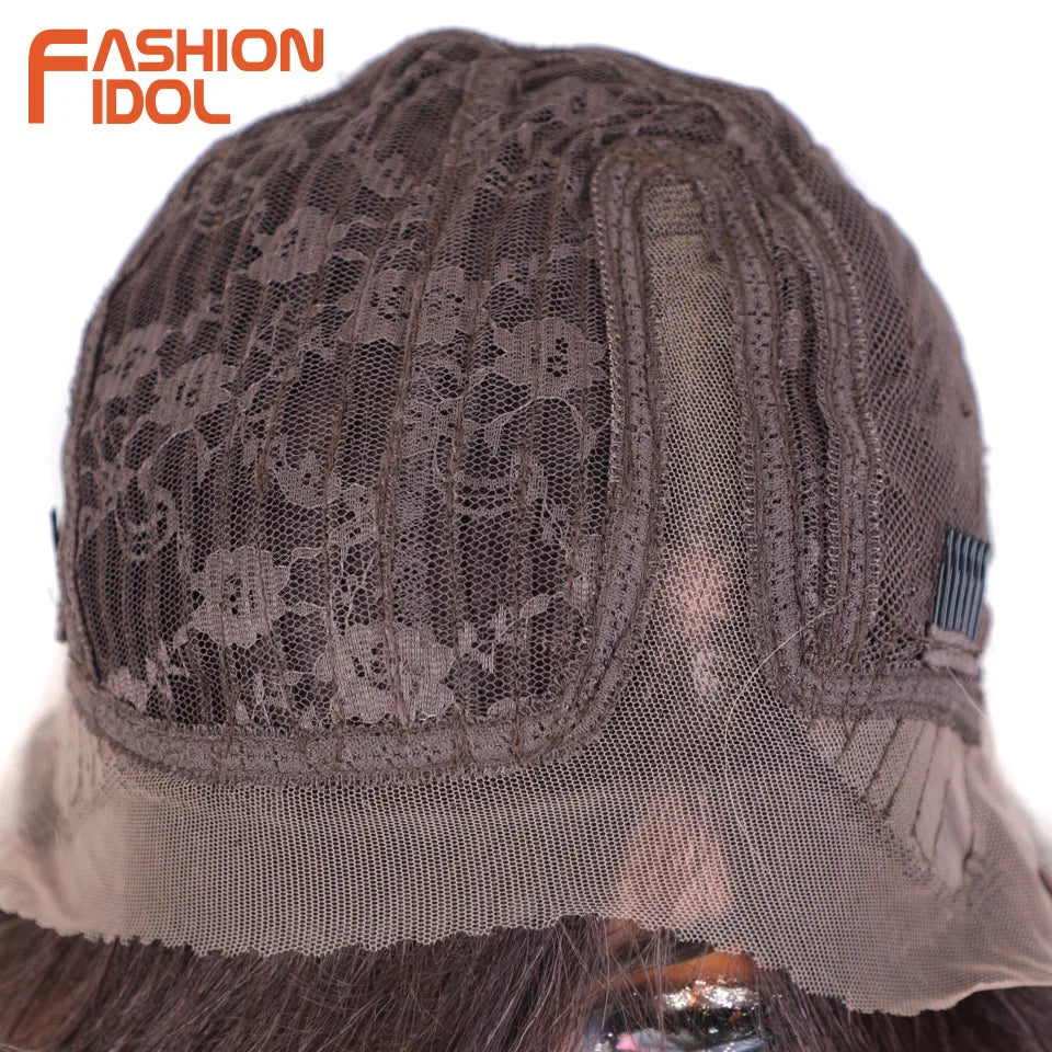 FASHION IDOL 36 Inch Super Long Deep Wave Lace Front Wigs Synthetic Side Part Lace Wigs For Women Brown Wavy Fiber Cosplay Wigs