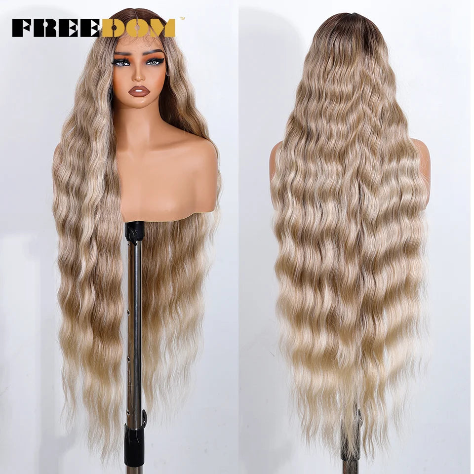 FREEDOM Synthetic Lace Front Wigs For Black Women 36 Inch Long Deep Body Wavy Lace Wig Ombre Brown Blonde White Cosplay Wig