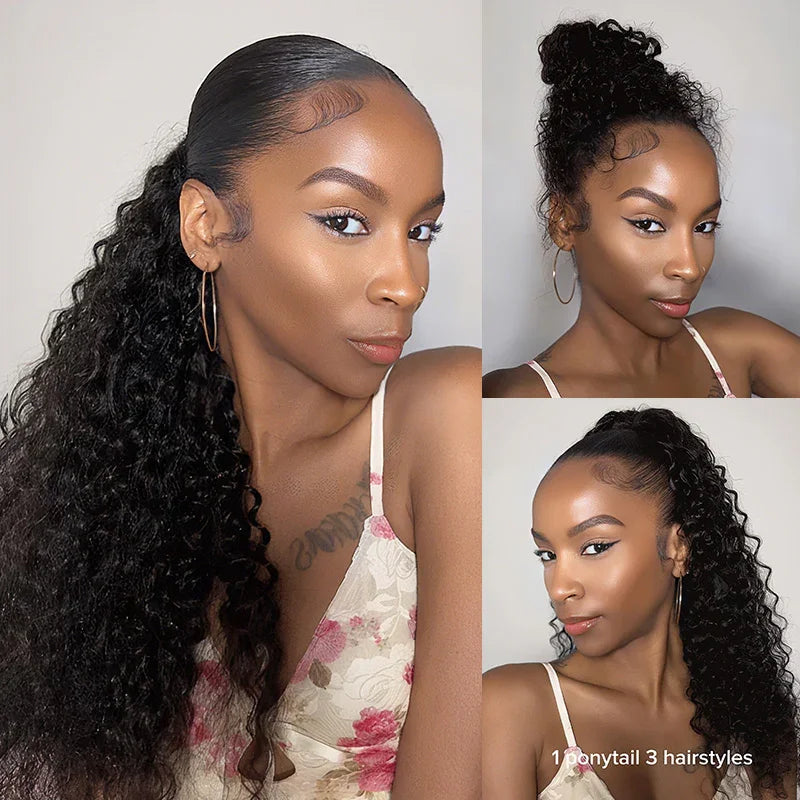 Deep Wave Ponytail Human Hair Drawstring Ponytails for Black Women 100% Remy Human Hair Extensions Deep Curly Ponytail