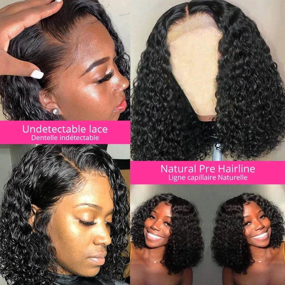 4C Human Hair Deep Wave Short Bob Wig 10-16 Inch Deep Water Wave Lace Front Bob Wigs 100% Human Hair 13x5x1 Middle Part Bob Wigs