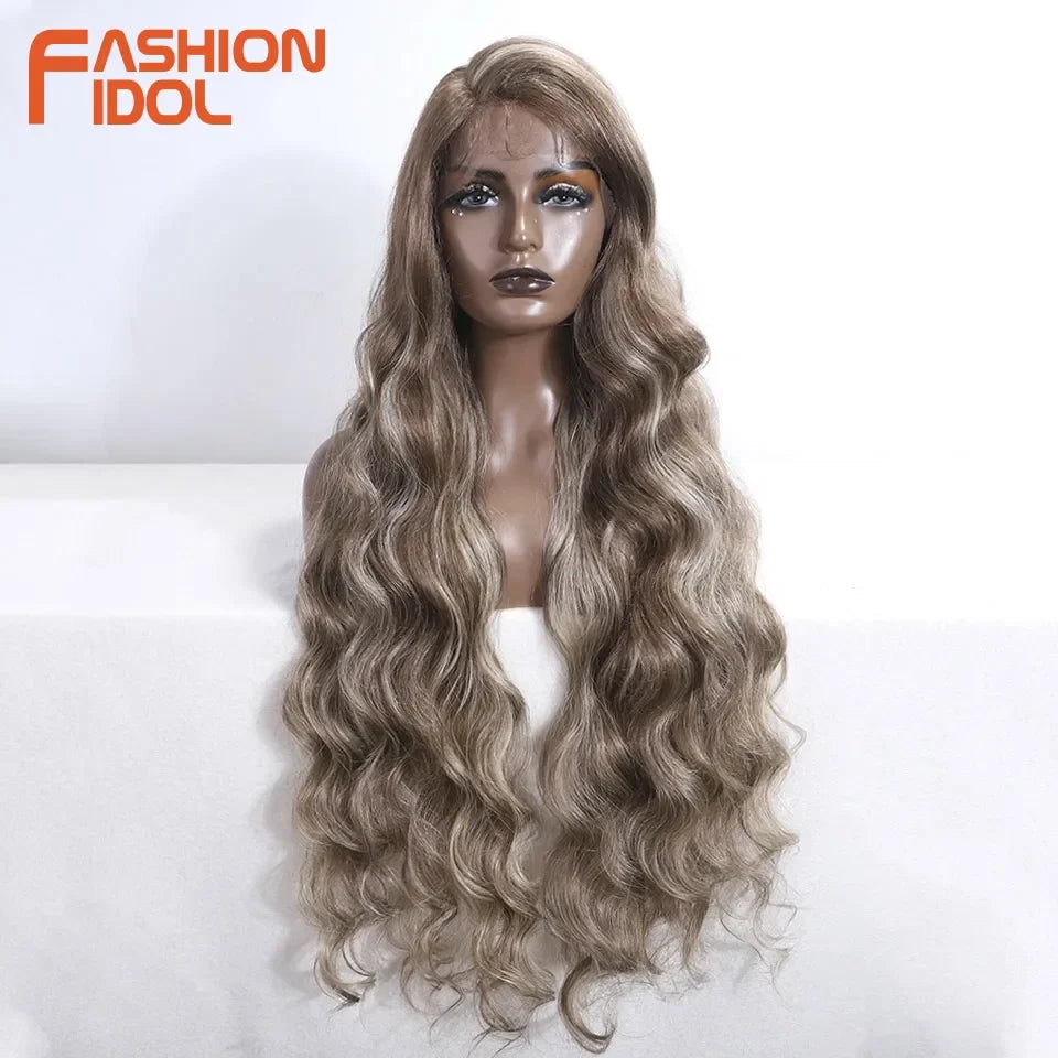 FASHION IDOL 36 Inch Super Long Deep Wave Lace Front Wigs Synthetic Side Part Lace Wigs For Women Brown Wavy Fiber Cosplay Wigs