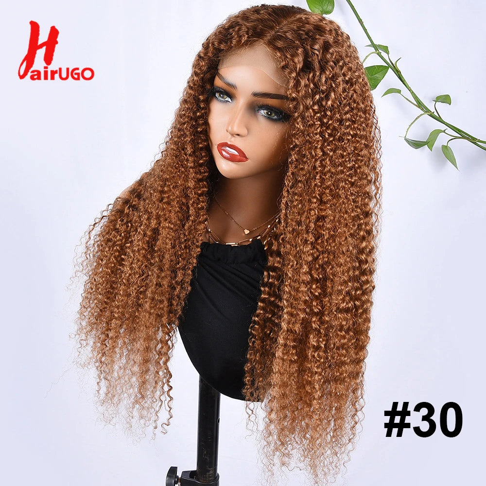 #30 Kinky Curly Wigs Brown 4x4 Lace Closure Wig T Lace Front Human Hair Wigs With Baby Hair Remy Preplucked HairUGo 180% Density