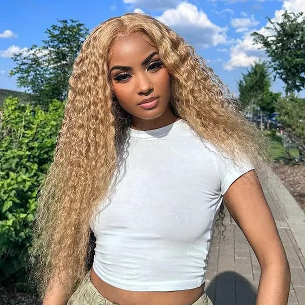FRIZIRA 30 36Inch #27 Honey Blonde Lace Front Wig Deep Wave Frontal Wig Curly Human Hair Wig 13x4 13x6 Colored Human Hair Wigs